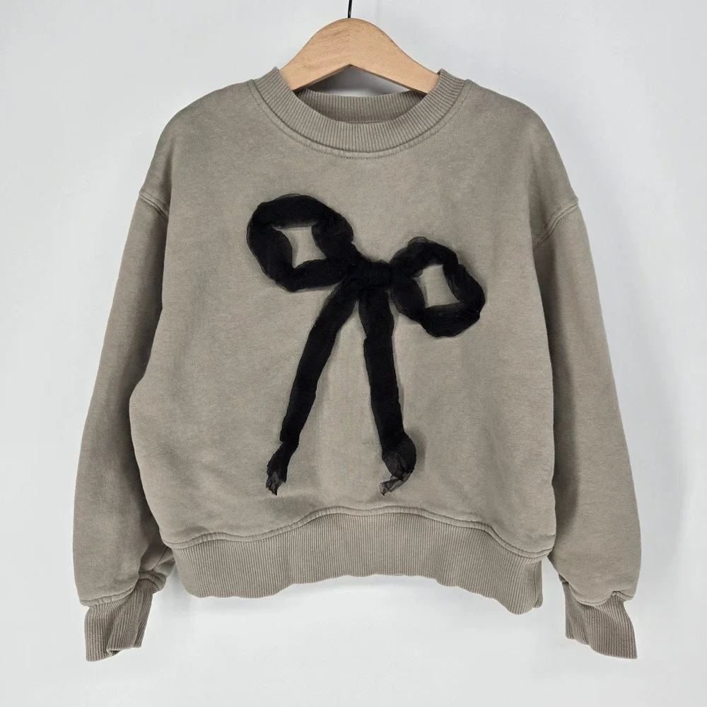 Zara Sweatshirt Girls 9-10 Taupe Black Tulle Bow Fleece Lined Pullover Top